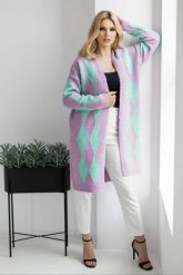 Elegancki sweter kardigan w romby liliowy. Kardigany damskie PeeKaBoo, uniwersalny, bez wzorów, eleganckie, bez kołnierzyka. Za 299.00 zł.