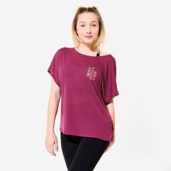 Koszulka z krótkim rękawem do tańca nowoczesnego damska Starever. Fioletowe bluzki damskie DOMYOS, xl, bez wzorów, z lyocellu, eleganckie, bez kołnierzyka, bez ramiączek. Za 64.99 zł.