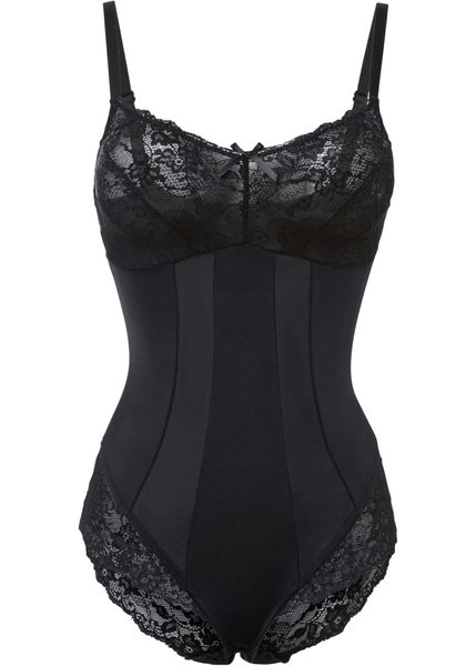Body shape, średni stopień modelowania sylwetki. Czarne body bonprix, bez wzorów, z koronki. Za 139.99 zł.