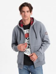 Washowana bluza męska rozpinana z kapturem - jasnoniebieska V3 - Rozmiar: S. Niebieskie bluzy męskie Ombre Clothing, m, z aplikacjami, z bawełny, bez ramiączek, z kapturem. W wyprzedaży za 69.99 zł.
