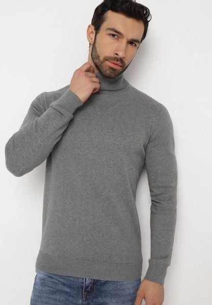 Szary Bawełniany Sweter z Golfem Jarelia. Szare swetry męskie Born2be, l, bez wzorów, z bawełny, eleganckie, bez kołnierzyka, bez ramiączek. Za 79.99 zł.