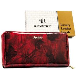 Modny portfel damski z lakierowanej skóry naturalnej w czerwonym kolorze zamykany suwakiem Rovicky RH-25-1-DBF. Czerwone portfele damskie ze skóry. Za 84.00 zł.
