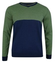 Sweter Granatowo-Zielony, w Drobne Paski, Dekolt w Serek (V-neck) -ELKJAER- Męski. Niebieskie swetry męskie Elkjaer, l, bez wzorów, z bawełny, klasyczne, bez kołnierzyka, bez ramiączek. Za 187.00 zł.