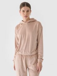 4F Bluza dresowa z weluru nierozpinana z kapturem damska - beżowa XS. Brązowe bluzy damskie 4F, xs, bez wzorów, z dresówki, sportowe, bez ramiączek, z kapturem. W wyprzedaży za 59.99 zł.