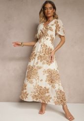 Jasnobeżowa Rozkloszowana Sukienka z Wiązaniem w Kwiatowy Wzór Jeloiti. Brązowe sukienki damskie Renee, na co dzień, l, bez wzorów, eleganckie, bez kołnierzyka, bez ramiączek, maxi, proste. Za 109.99 zł.