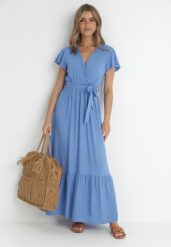 Niebieska Sukienka Diomeira. Niebieskie sukienki damskie Born2be, l, bez wzorów, z tkaniny, eleganckie, bez kołnierzyka, bez ramiączek, maxi, kopertowe. Za 74.99 zł.