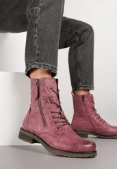 Bordowo-Różowe Botki w Stylu Workerów z Ozdobnym Suwakiem i Wężową Wstawką Vemalora. Czerwone botki damskie Renee, bez wzorów, z jeansu, eleganckie, bez obcasa, na płaskiej podeszwie, bez zapięcia. Za 119.99 zł.