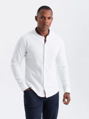 Męska koszula bawełniana SLIM FIT ze stójką w kolorowe paski – biała V1 OM-SHCS-0178 - XXL. Białe koszule męskie Ombre Clothing, m, bez wzorów, z bawełny, casualowe, bez kołnierzyka, bez ramiączek. W wyprzedaży za 109.99 zł.
