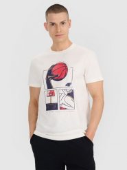 4F T-shirt regular z nadrukiem męski - biały M. Białe koszulki sportowe męskie 4F, m, bez wzorów, z bawełny, bez ramiączek, do koszykówki. Za 59.99 zł.