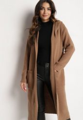Brązowy Niezapinany Kardigan z Wełną Bawełną i Kapturem o Długim Kroju Zozina. Brązowe kardigany damskie Born2be, bez wzorów, z bawełny, eleganckie, bez kołnierzyka. Za 99.99 zł.