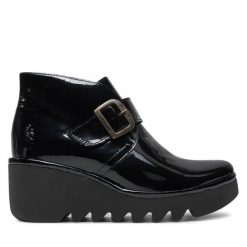Botki Fly London. Czarne botki damskie Fly London, bez wzorów, bez obcasa, na koturnie, bez zapięcia. Za 379.99 zł.