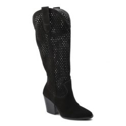 Czarne Kozaki Karino Damskie Eleganckie Obuwie. Czarne kozaki damskie Karino, z aplikacjami, ze skóry, bez obcasa, na obcasie, bez zapięcia. Za 350.55 zł.