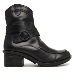 Botki Fly London. Czarne botki damskie Fly London, bez wzorów, bez obcasa, na słupku, bez zapięcia. Za 839.99 zł.