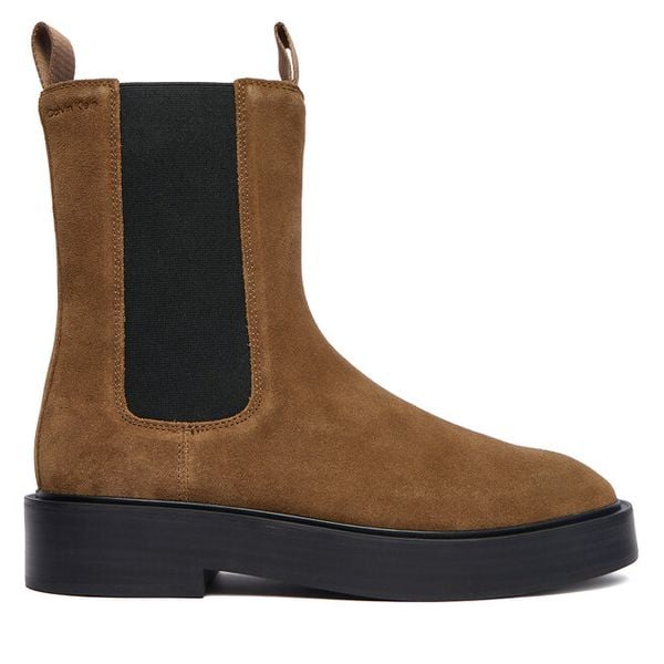 Sztyblety Calvin Klein. Brązowe botki damskie Calvin Klein, bez wzorów, bez obcasa, na płaskiej podeszwie, bez zapięcia. Za 899.99 zł.