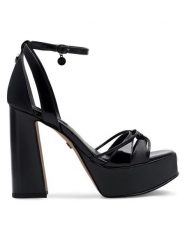 Nine West Sandały Aahida ZL23002CC Czarny. Czarne sandały damskie Nine West, bez wzorów, ze skóry, bez obcasa, na słupku, bez zapięcia. W wyprzedaży za 199.99 zł.