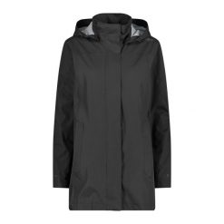Płaszcz damski przeciwdeszczowy CMP 39X6646. Czarne płaszcze damskie CMP, xl, bez wzorów, z materiału, bez kołnierzyka, z kapturem. Za 209.99 zł.