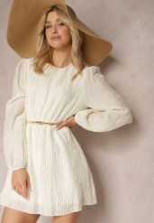 Jasnobeżowa Sukienka z Długim Rękawem o Rozkloszowanym Kroju z Gumką w Talii Kiofina. Brązowe sukienki damskie Renee, na co dzień, m, bez wzorów, eleganckie, bez kołnierzyka, bez ramiączek, mini, proste. Za 89.99 zł.