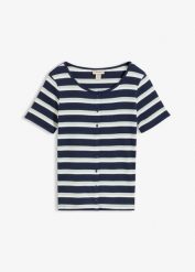 Prążkowany T-shirt z bawełny organicznej. Fioletowe t-shirty damskie bonprix, bez wzorów, z bawełny, bez kołnierzyka, bez ramiączek. Za 19.99 zł.