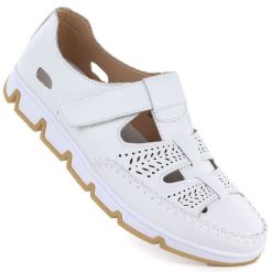 Skórzane półbuty damskie ażurowe na rzep białe T.Sokolski W26-86. Białe półbuty damskie T.Sokolski, w ażurowe wzory, ze skóry, bez obcasa, bez zapięcia. Za 169.99 zł.