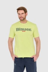 BLAUER Zielony męski t-shirt z dużym logo. Zielone t-shirty męskie Blauer USA, l, bez wzorów, bez kołnierzyka, bez ramiączek. W wyprzedaży za 129.99 zł.
