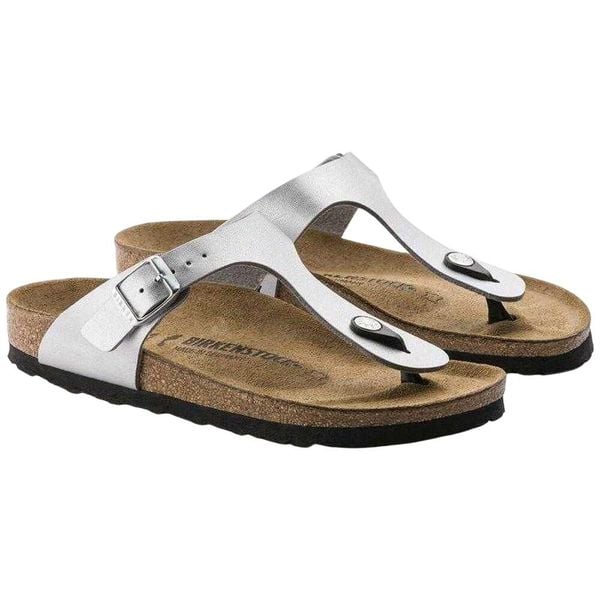 Damskie Skórzane Klapki Gizeh. Szare klapki damskie Birkenstock, bez wzorów, z materiału, bez obcasa, na słupku, bez zapięcia. Za 289.00 zł.