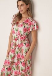 Różowa Sukienka z Wiskozą Gumką w Talii z Kopertowym Dekoltem w Kwiaty Gloroene. Czerwone sukienki damskie Born2be, na co dzień, l, bez wzorów, z materiału, eleganckie, bez kołnierzyka, bez ramiączek, midi, kopertowe. Za 59.99 zł.
