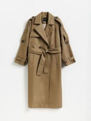 Dwurzędowy trencz oversize - ciemnozielony. Zielone płaszcze damskie Reserved, l, bez wzorów, z bawełny, bez kołnierzyka, bez kaptura. Za 379.99 zł.