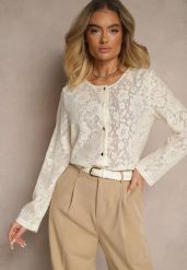 Beżowa Bluzka Ażurowa z Bawełny z Guzikami Kerisia. Brązowe bluzki damskie Renee, l, w ażurowe wzory, z bawełny, eleganckie, bez kołnierzyka, bez ramiączek. Za 99.99 zł.