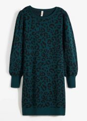 Sukienka dzianinowa. Zielone sukienki damskie bonprix, bez wzorów, z dzianiny, eleganckie, bez kołnierzyka, bez ramiączek. Za 169.99 zł.