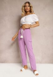 Ciemnofioletowe Spodnie High Waist o Kroju Bojówek z Kieszeniami Wykończone Gumką w Pasie Efiene. Fioletowe spodnie materiałowe damskie Renee, bez wzorów, z jeansu, z podwyższonym stanem. Za 44.99 zł.