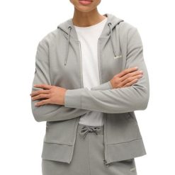 Bluza z kapturem i zamkiem gładka. Szare bluzy damskie Superdry, s, bez wzorów, z bawełny, eleganckie, bez ramiączek, z kapturem. Za 349.40 zł.