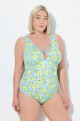 Damski Strój kąpielowy kwiaty miękkie miseczki ozdobne tasiemki. Niebieskie stroje kąpielowe damskie Ulla Popken, plus size, bez wzorów, z elastanu. Za 211.99 zł.