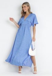 Niebieska Sukienka Maxi w Kropki z Gumką w Pasie i Rozcięciami Crasses. Niebieskie sukienki damskie Born2be, na lato, l, bez wzorów, bez kołnierzyka, bez ramiączek, maxi, rozkloszowane. Za 129.99 zł.