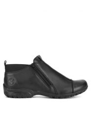 Rieker Botki L4653-00 Czarny. Czarne botki damskie Rieker, bez wzorów, ze skóry, bez obcasa, na płaskiej podeszwie, bez zapięcia. W wyprzedaży za 258.99 zł.