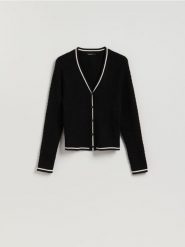 Strukturalny kardigan z wiskozą - czarny. Czarne kardigany damskie Reserved, l, bez wzorów, z dzianiny, bez kołnierzyka. Za 109.99 zł.