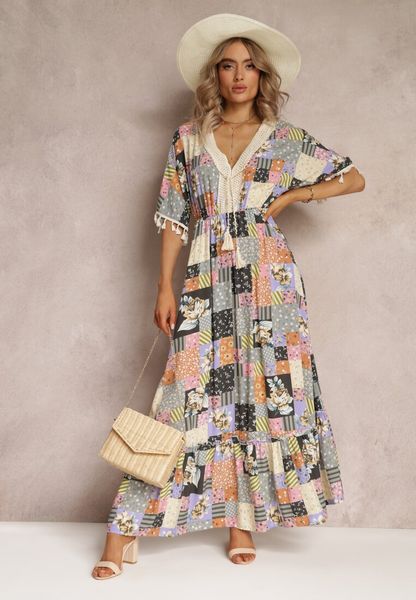 Szaro-Czarna Rozkloszowana Sukienka Maxi z Falbanką w Patchworkowy Wzór Fiorella. Szare sukienki damskie Renee, l, z aplikacjami, z bawełny, bez kołnierzyka, bez ramiączek, maxi, rozkloszowane. Za 119.99 zł.