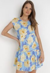 Niebieska Sukienka Taphissis. Niebieskie sukienki damskie Born2be, l, bez wzorów, z tkaniny, bez kołnierzyka, bez ramiączek, mini. Za 49.99 zł.
