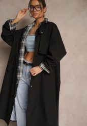 Czarny Płaszcz w Stylu Trencza Vintage z Asymetryczną Zakładką i Paskiem Davivellea. Czarne płaszcze damskie Renee, m, bez wzorów, z jeansu, eleganckie, z asymetrycznym kołnierzem, bez kaptura. Za 169.99 zł.