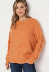 Pomarańczowy Sweter o Luźnym Kroju i Wzorzystym Splocie ze Ściągaczami Elondrae. Brązowe swetry nierozpinane damskie Born2be, uniwersalny, bez wzorów, z bawełny, eleganckie, bez kołnierzyka, bez ramiączek. Za 149.99 zł.