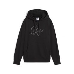 Damska bluza z kapturem ESS SCRIPT Comfort PUMA Black. Czarne bluzy damskie Puma, bez wzorów, sportowe, bez ramiączek, z kapturem. Za 309.98 zł.