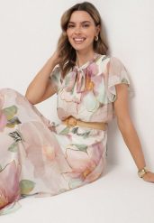 Beżowa Sukienka o Rozkloszowanym Kroju z Wiązaniem przy Dekolcie i Paskiem Sorilina. Brązowe sukienki damskie Born2be, na co dzień, l, bez wzorów, eleganckie, bez kołnierzyka, bez ramiączek, maxi, rozkloszowane. Za 139.99 zł.
