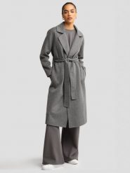 Płaszcz damski wełniany wiązany szary Oshana 903. Szare płaszcze damskie BIG STAR, l, bez wzorów, z jeansu, eleganckie, bez kołnierzyka, bez kaptura. Za 499.99 zł.