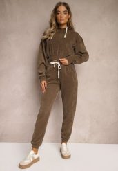 Brązowe Dresowe Spodnie z Bawełną High Waist Wykończone w Pasie Gumką Ekadela. Brązowe spodnie dresowe damskie Renee, bez wzorów, z bawełny, z podwyższonym stanem. Za 49.99 zł.