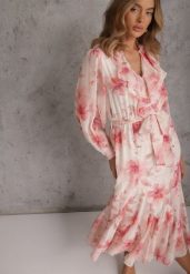 Różowa Eteryczna Sukienka Zdobiona Falbankami i Wiązanym Paskiem Rhelaith. Czerwone sukienki damskie Renee, na imprezę, l, z aplikacjami, z poliesteru, boho, bez kołnierzyka, bez ramiączek, maxi, rozkloszowane. Za 229.99 zł.