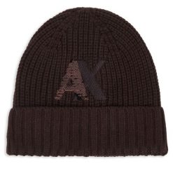 Czapka Armani Exchange. Brązowe czapki damskie Armani Exchange, na zimę, bez wzorów. Za 299.99 zł.