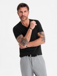 Klasyczna męska bawełniana koszulka z dekoltem w serek BASIC – czarna V1 OM-TSBS-0237 - XXL. Czarne t-shirty męskie Ombre Clothing, l, bez wzorów, z bawełny, bez kołnierzyka, bez ramiączek. W wyprzedaży za 39.99 zł.