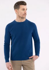 Bawełniany sweter S-BRADY. Niebieskie swetry męskie Volcano, m, bez wzorów, z bawełny, klasyczne, bez kołnierzyka, bez ramiączek. Za 159.99 zł.