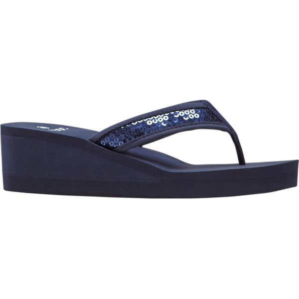 Klapki na koturnie z cekinami. Czarne klapki damskie bonprix, na lato, bez wzorów, eleganckie, bez obcasa, na koturnie, bez zapięcia. Za 64.99 zł.