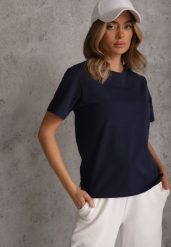 Granatowy Bawełniany T-shirt Ozdobiony po Bokach Rozcięciami Brinelle. Niebieskie t-shirty damskie Renee, m, bez wzorów, z bawełny, eleganckie, bez kołnierzyka, bez ramiączek. Za 39.99 zł.