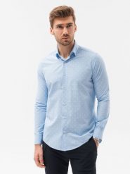 Koszula męska elegancka z długim rękawem - błękitna - Rozmiar: M. Niebieskie koszule męskie Ombre Clothing, m, bez wzorów, z bawełny, biznesowe, bez kołnierzyka, bez ramiączek. W wyprzedaży za 39.99 zł.